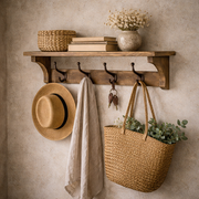 Heritage Wall Shelf with 4 Hooks, Natural