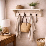 Heritage Wall Shelf with 4 Hooks, Distressed White