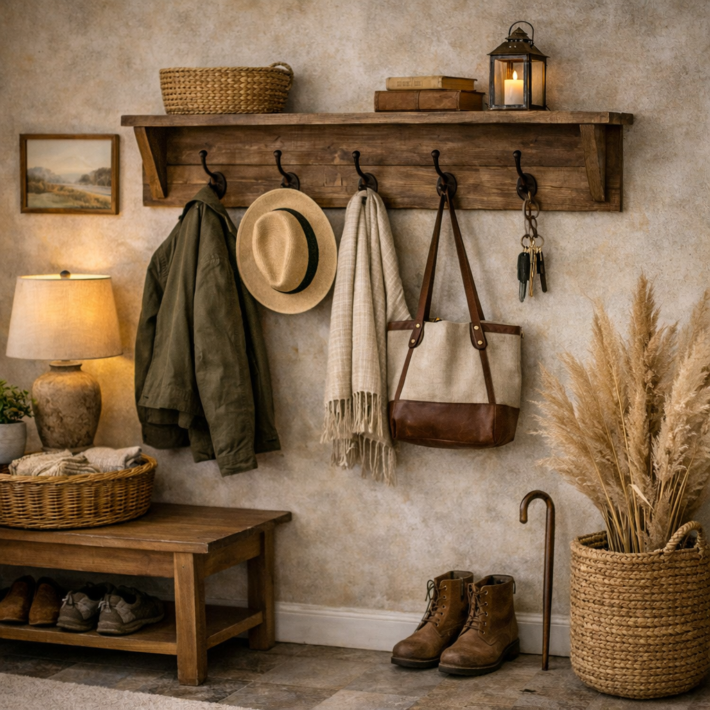 Heritage Wall Shelf with 5 Hooks, Natural
