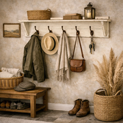 Heritage Wall Shelf with 5 Hooks, Distressed White