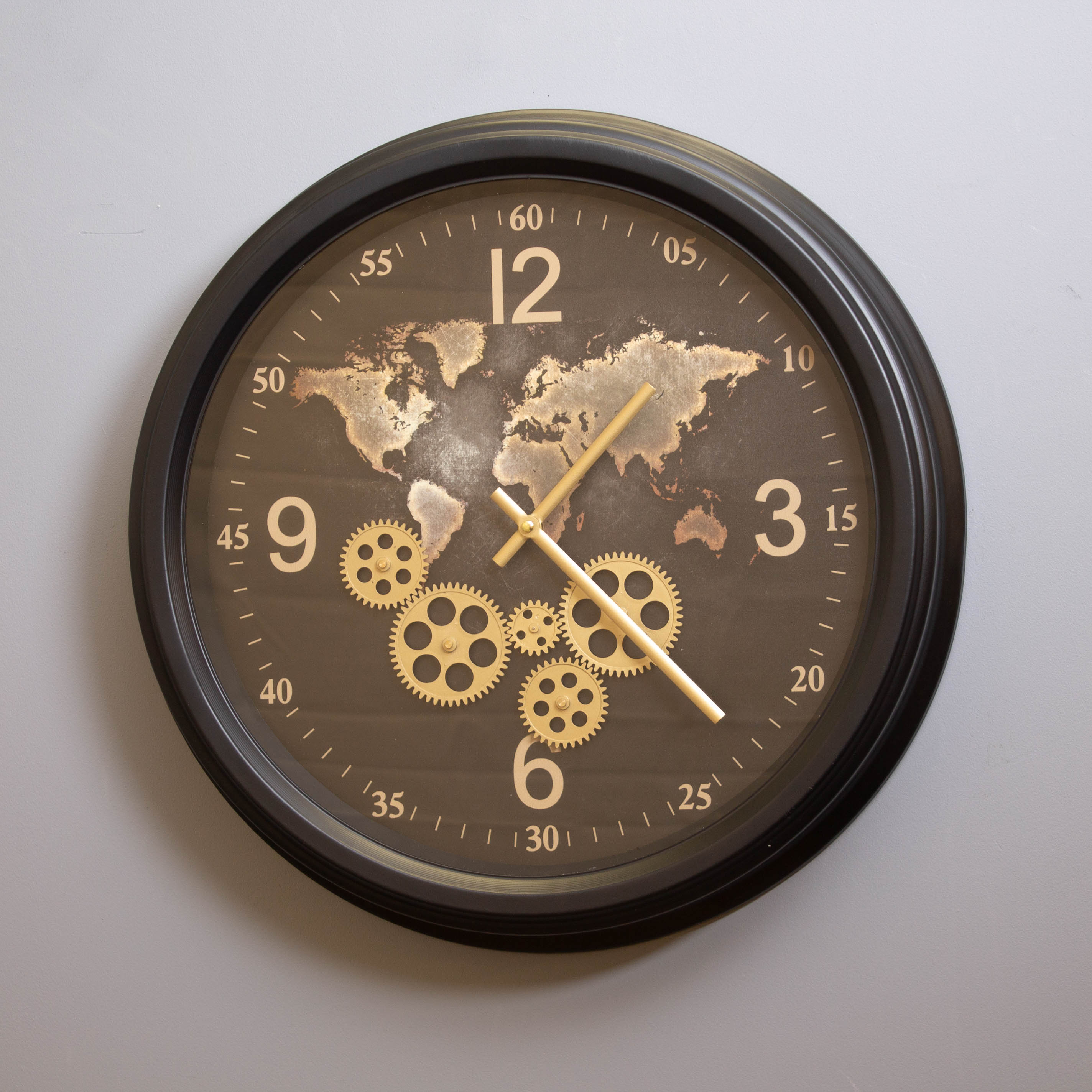 World Map Cog Clock, Black, 54 cm