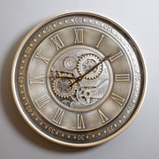 Vintage Pewter Spintime Cog Clock, Roman Numerals, 59 cm