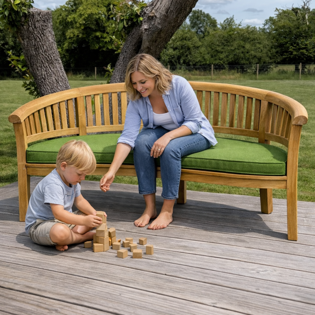 Crummock Teak Peanut Garden Bench With Green Cushion