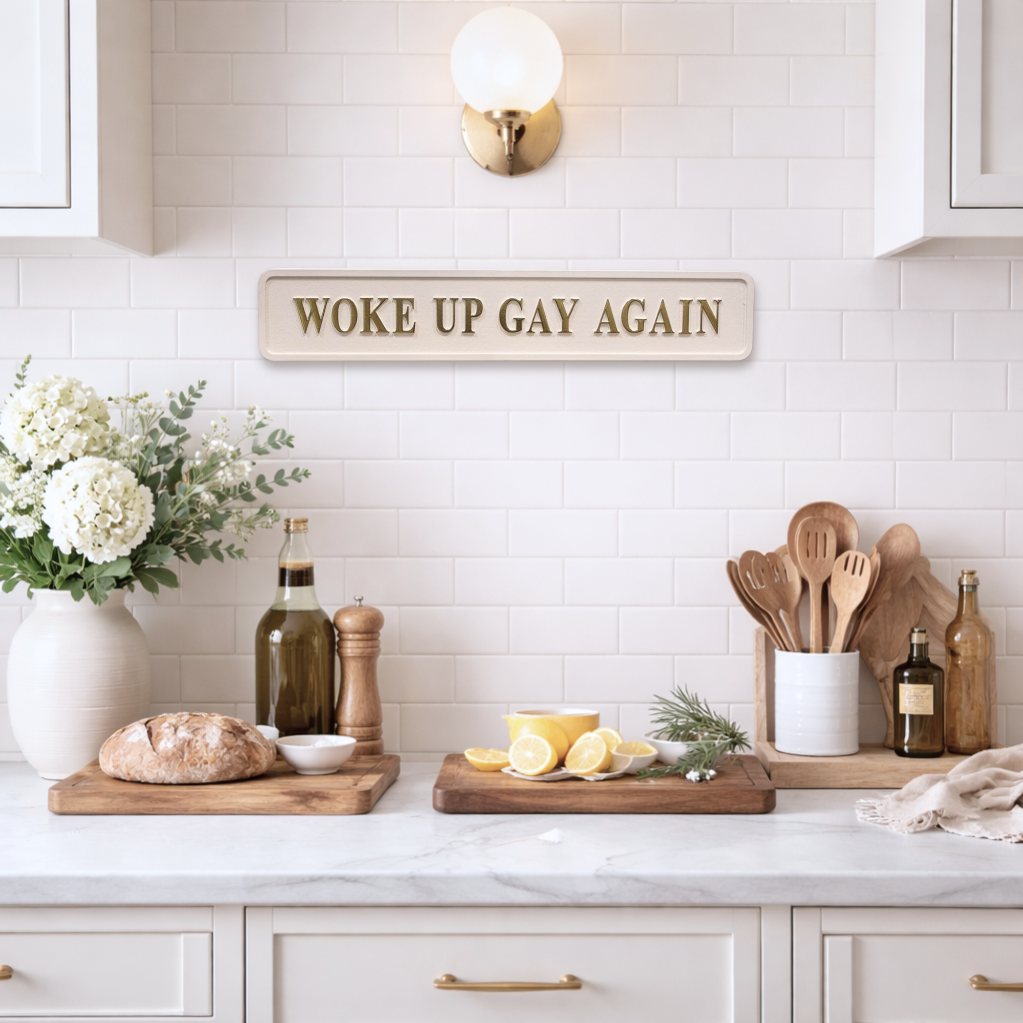 Woke Up Gay Again Street Sign, Cream